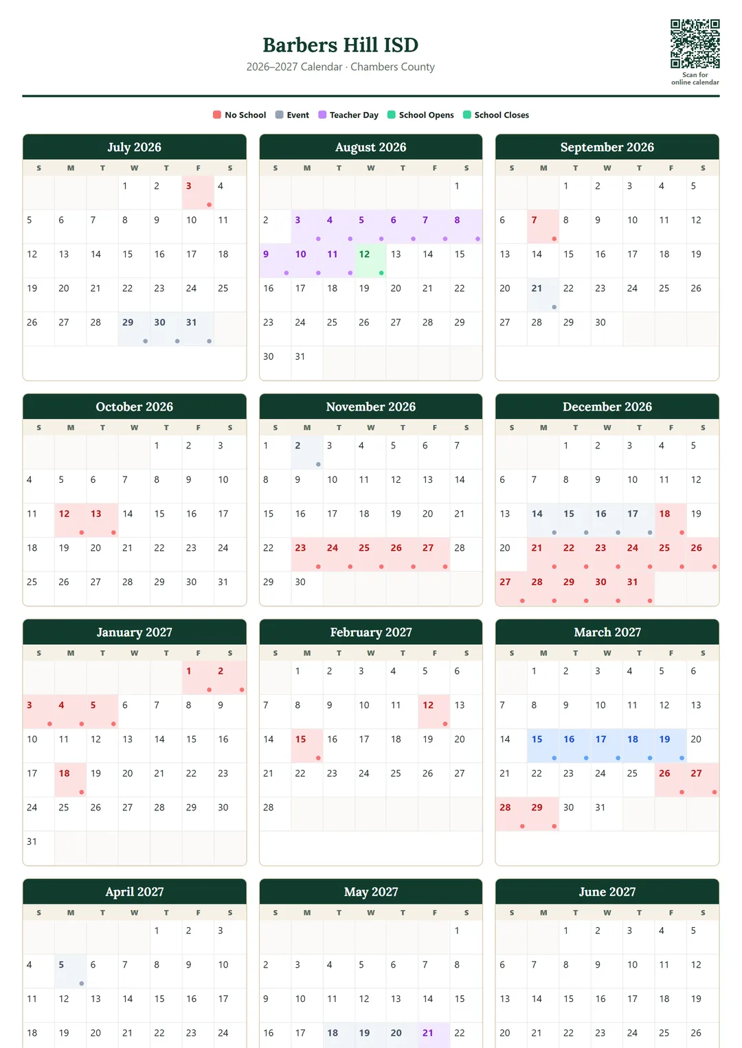 Barbers Hill ISD printable 2026–2027 calendar