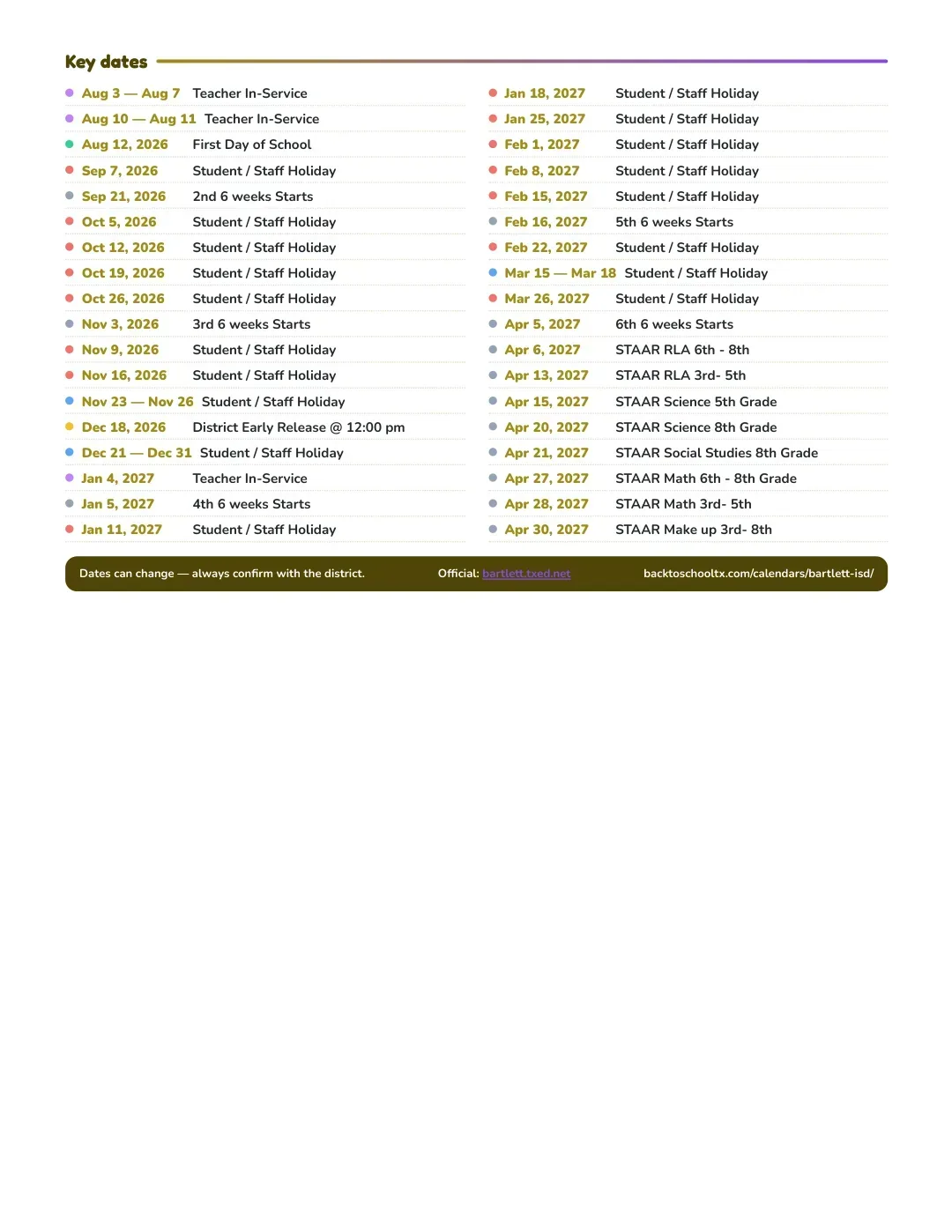Bartlett ISD Calendar for the Year 26-27 — key dates