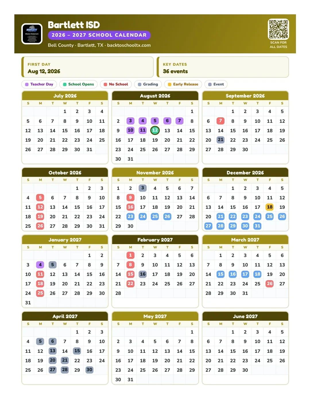Bartlett ISD Calendar for the Year 26-27
