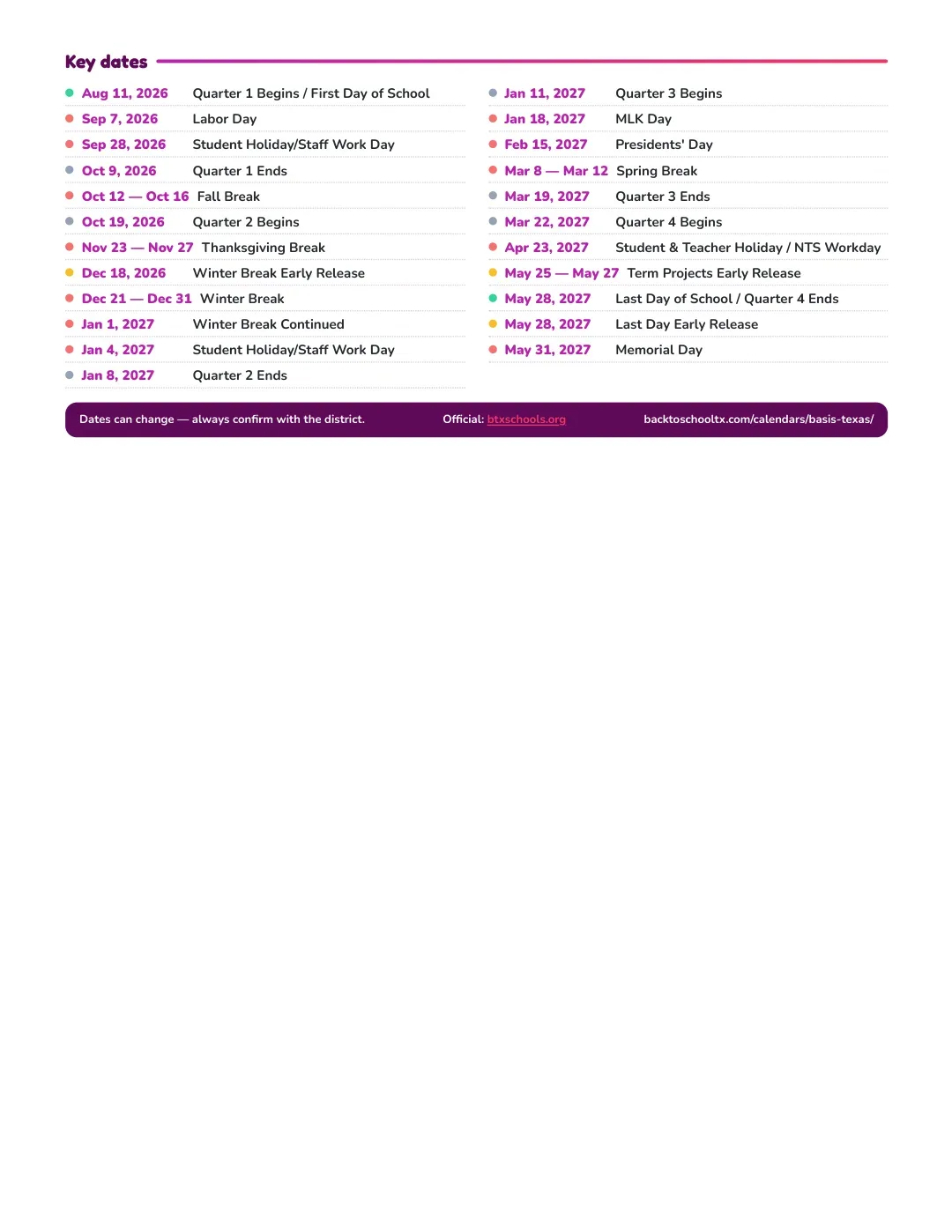 Basis Texas Calendar for the Year 26-27 — key dates