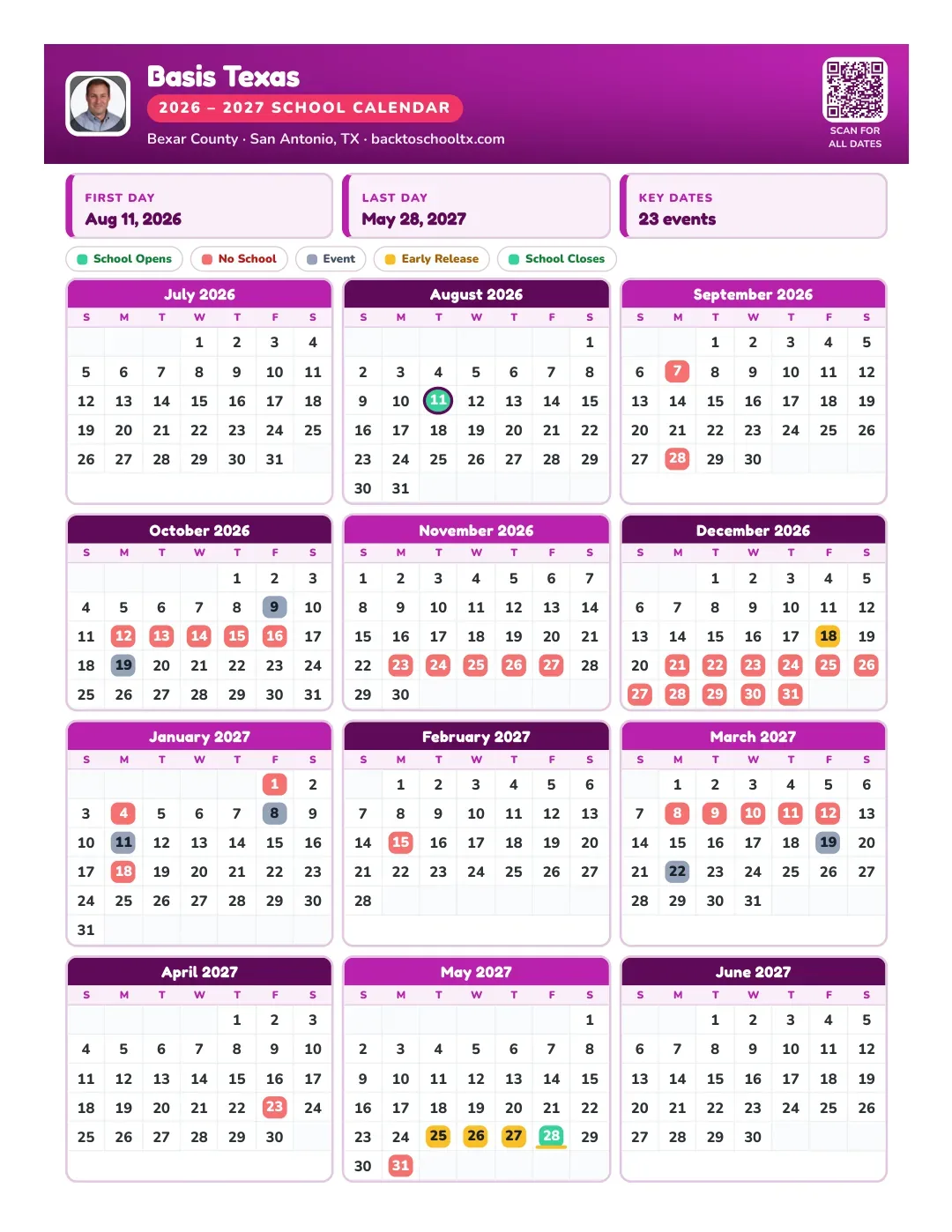 Basis Texas Calendar for the Year 26-27