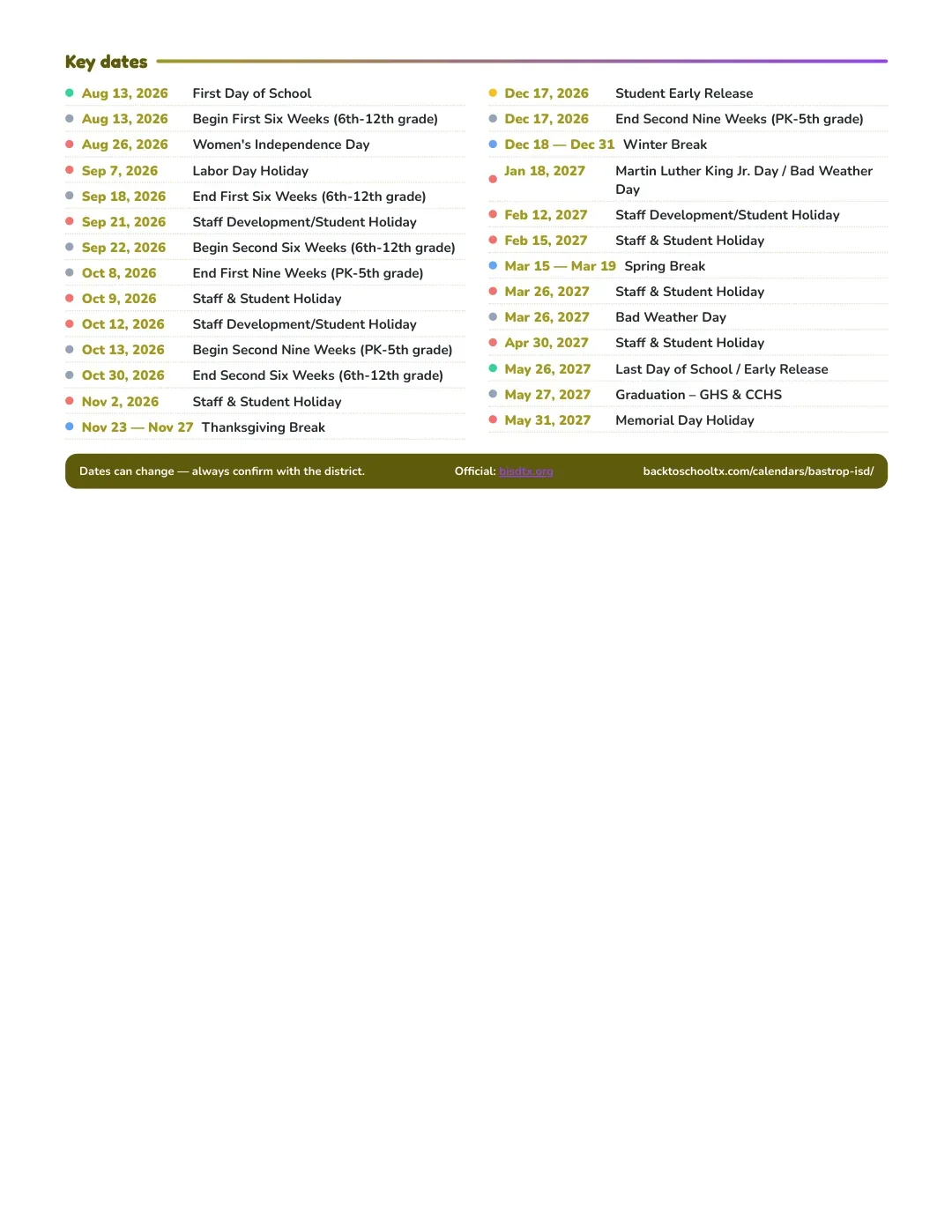 Bastrop ISD Calendar for the Year 26-27 — key dates