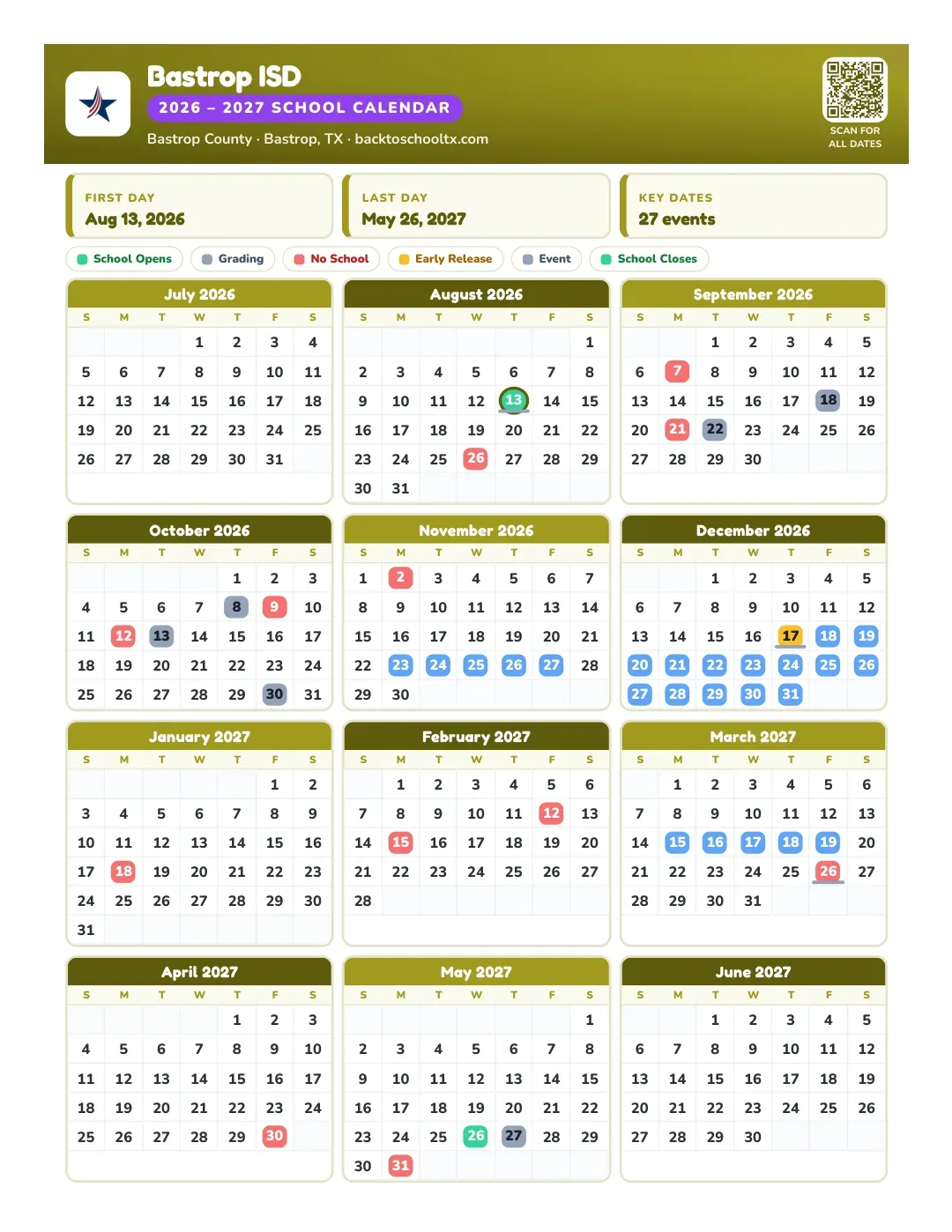 Bastrop ISD Calendar for the Year 26-27