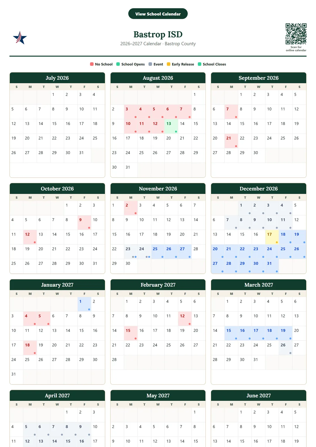 Bastrop ISD printable 2026–2027 calendar