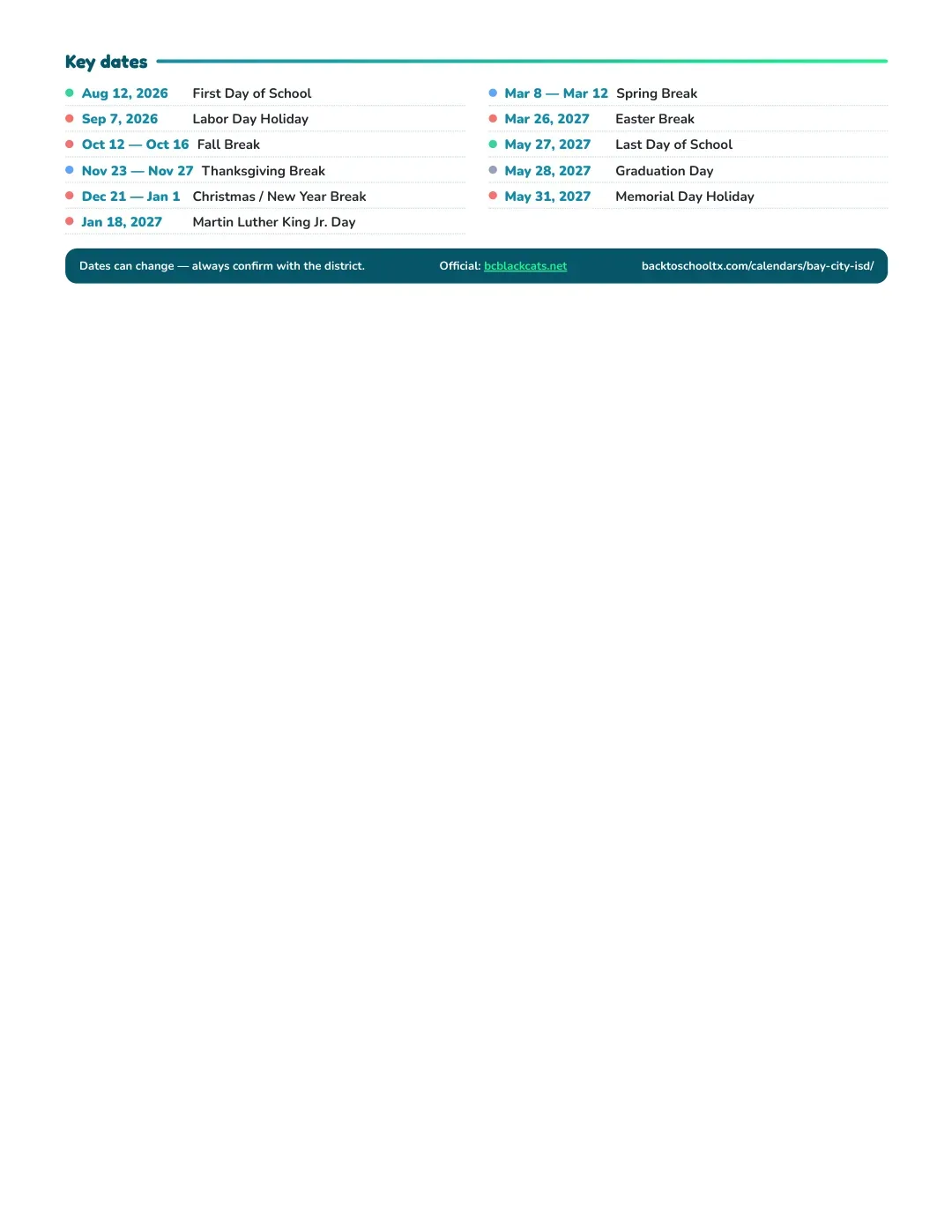 Bay City ISD Calendar for the Year 26-27 — key dates