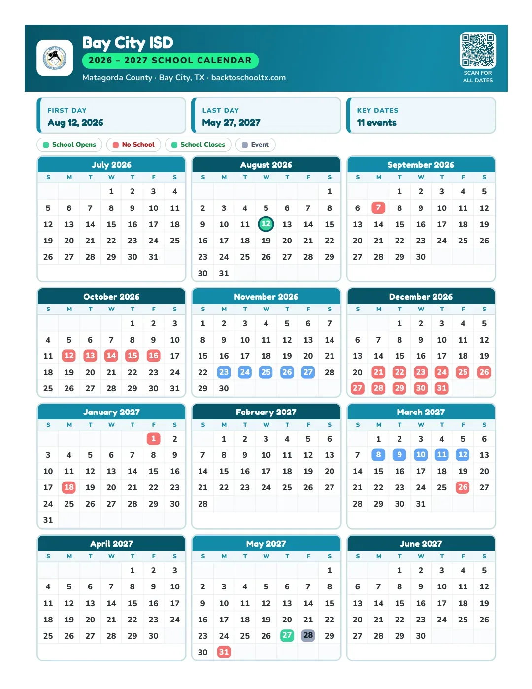 Bay City ISD Calendar for the Year 26-27