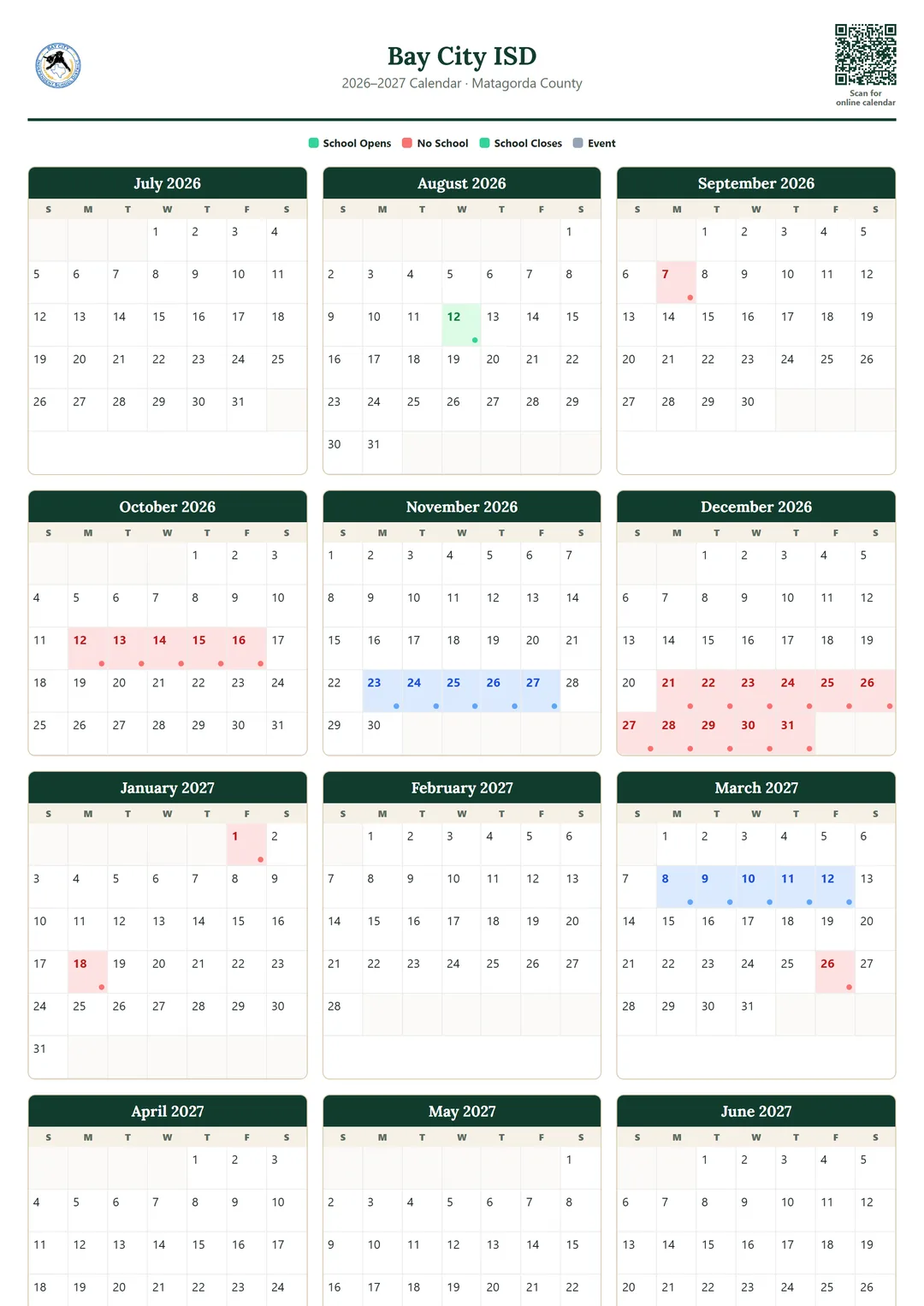 Bay City ISD printable 2026–2027 calendar