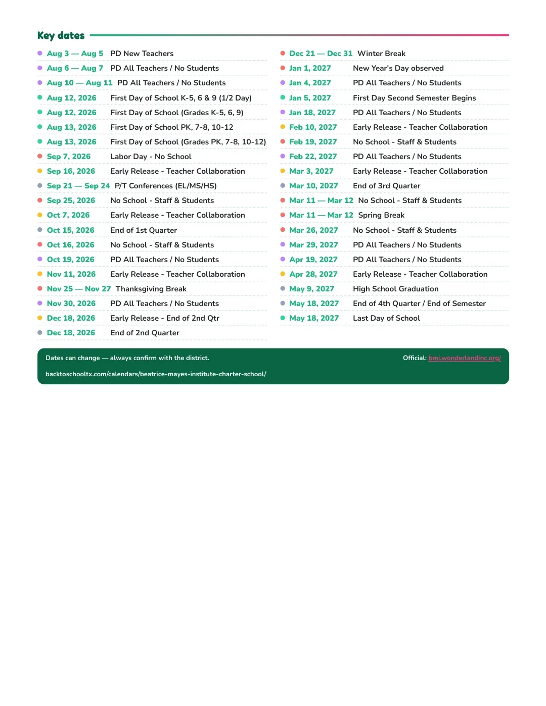 Beatrice Mayes Institute Charter School Calendar for the Year 26-27 — key dates