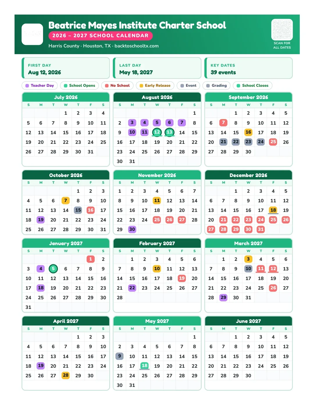Beatrice Mayes Institute Charter School Calendar for the Year 26-27