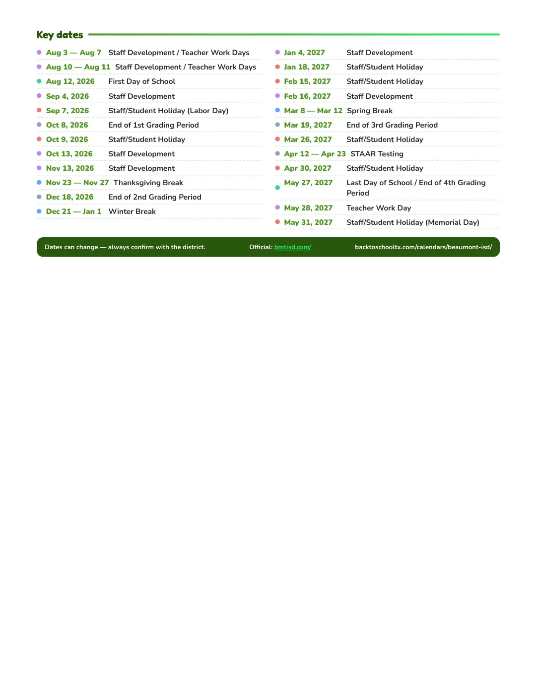 Beaumont ISD Calendar for the Year 26-27 — key dates