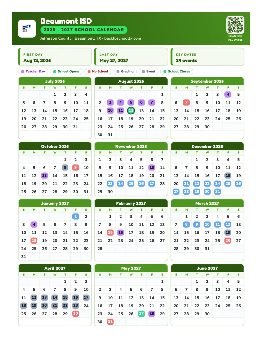 Beaumont ISD Calendar for the Year 26-27