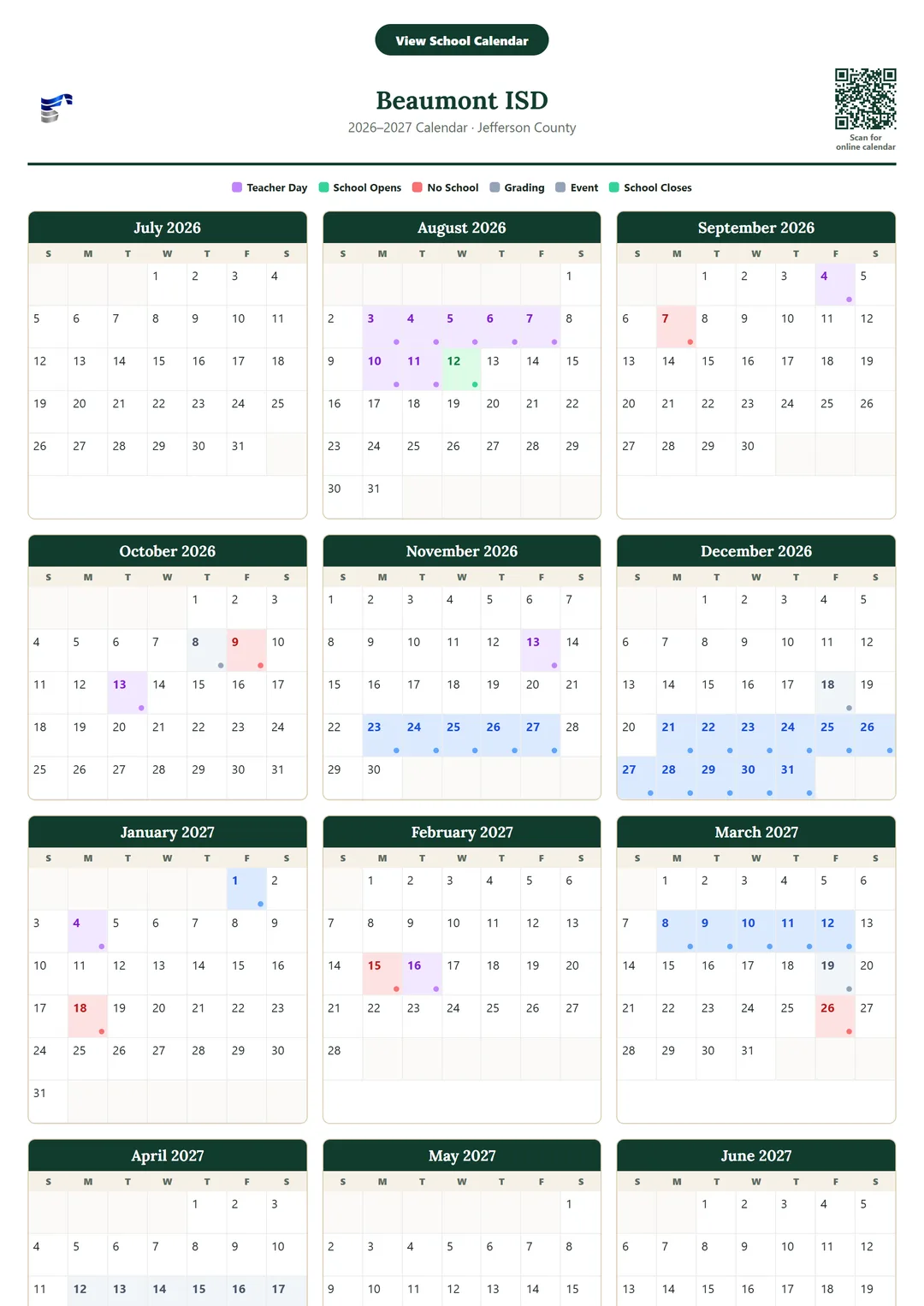 Beaumont ISD printable 2026–2027 calendar
