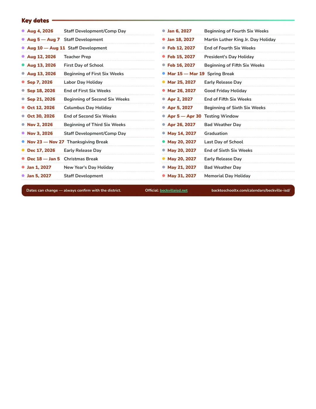 Beckville ISD Calendar for the Year 26-27 — key dates