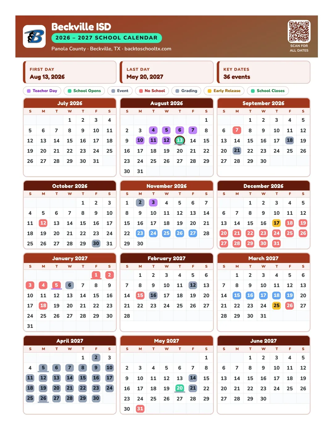 Beckville ISD Calendar for the Year 26-27
