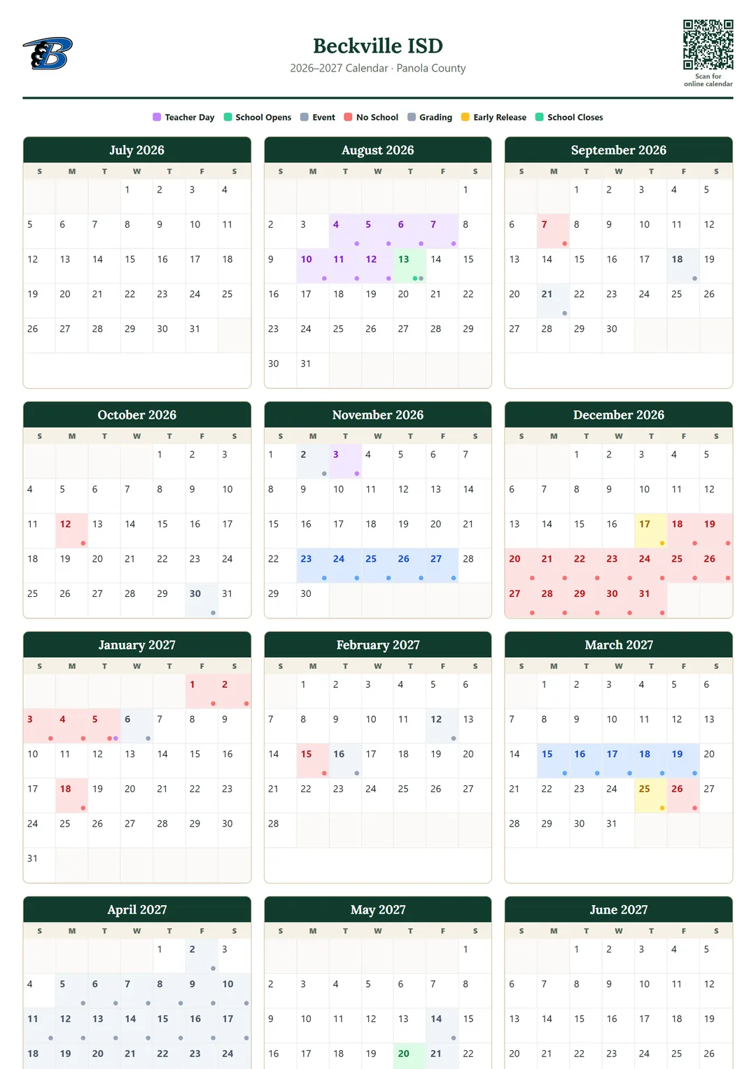 Beckville ISD printable 2026–2027 calendar