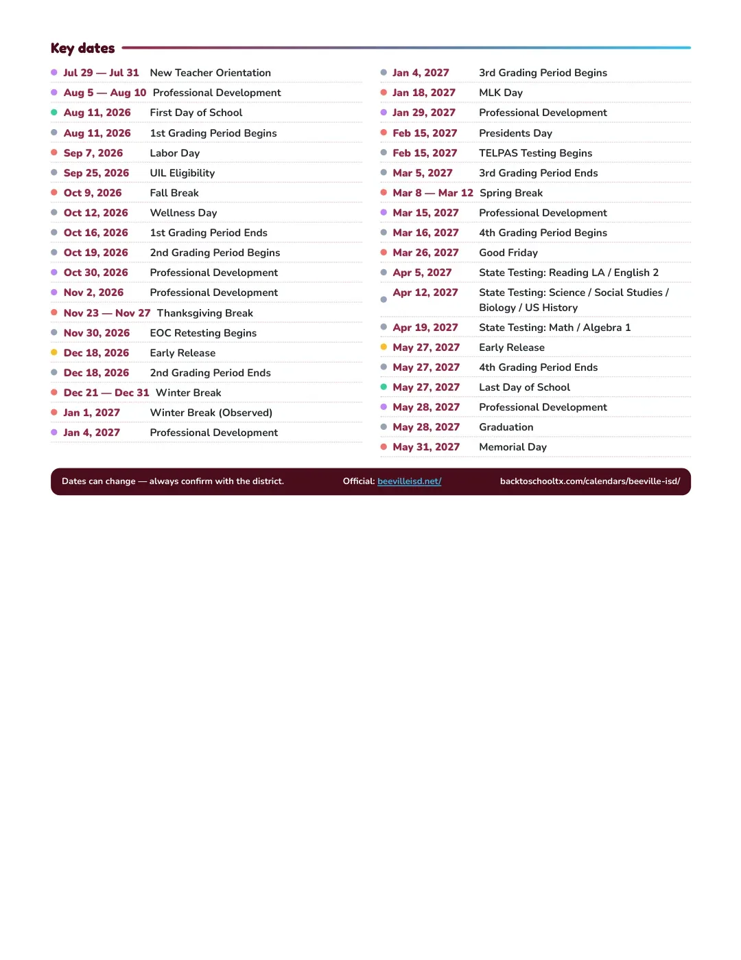 Beeville ISD Calendar for the Year 26-27 — key dates