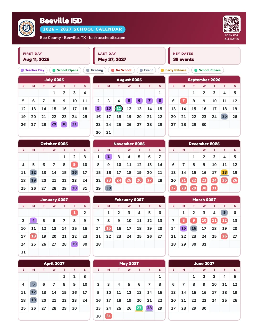 Beeville ISD Calendar for the Year 26-27