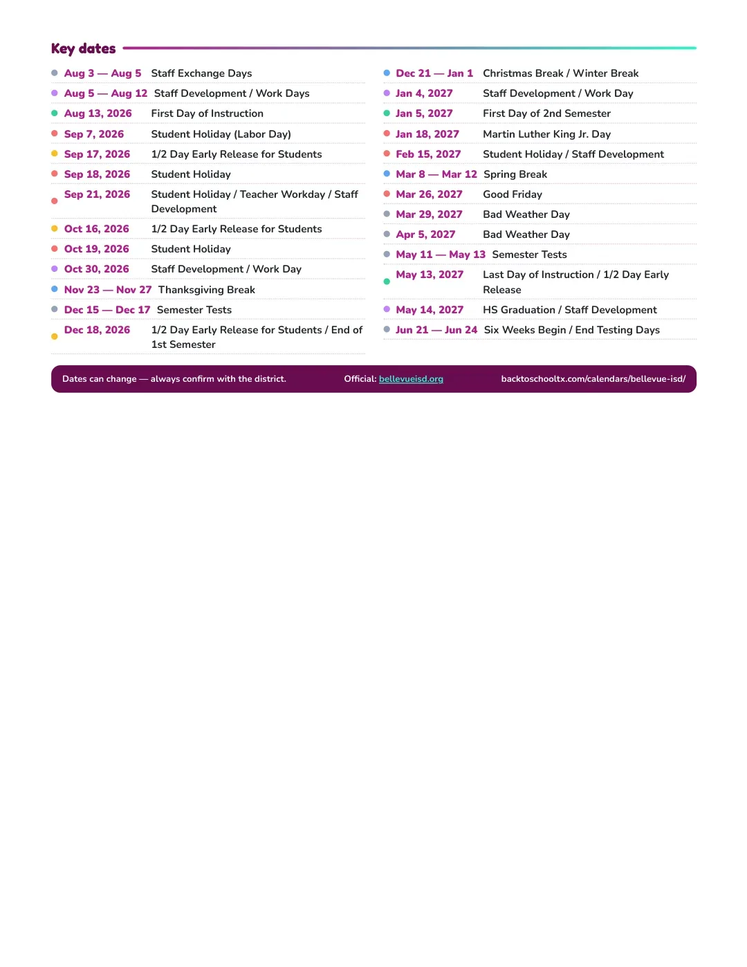 Bellevue ISD Calendar for the Year 26-27 — key dates