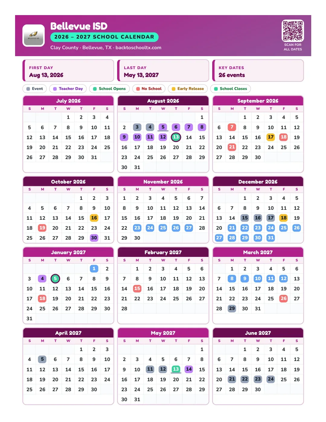 Bellevue ISD Calendar for the Year 26-27