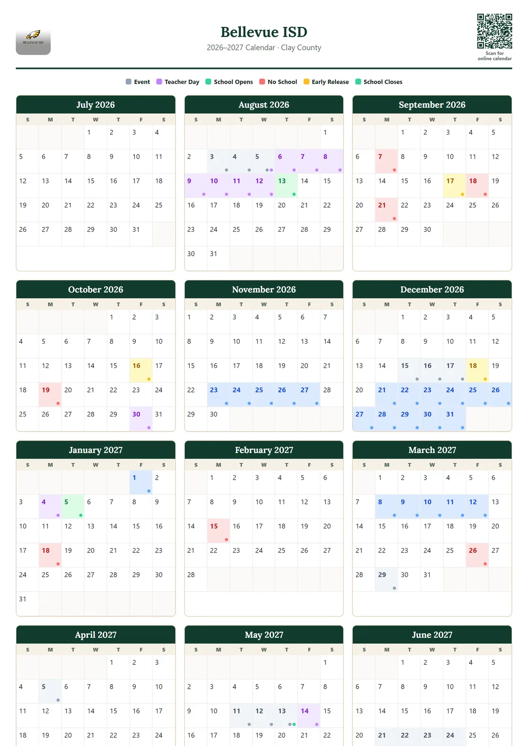 Bellevue ISD printable 2026–2027 calendar