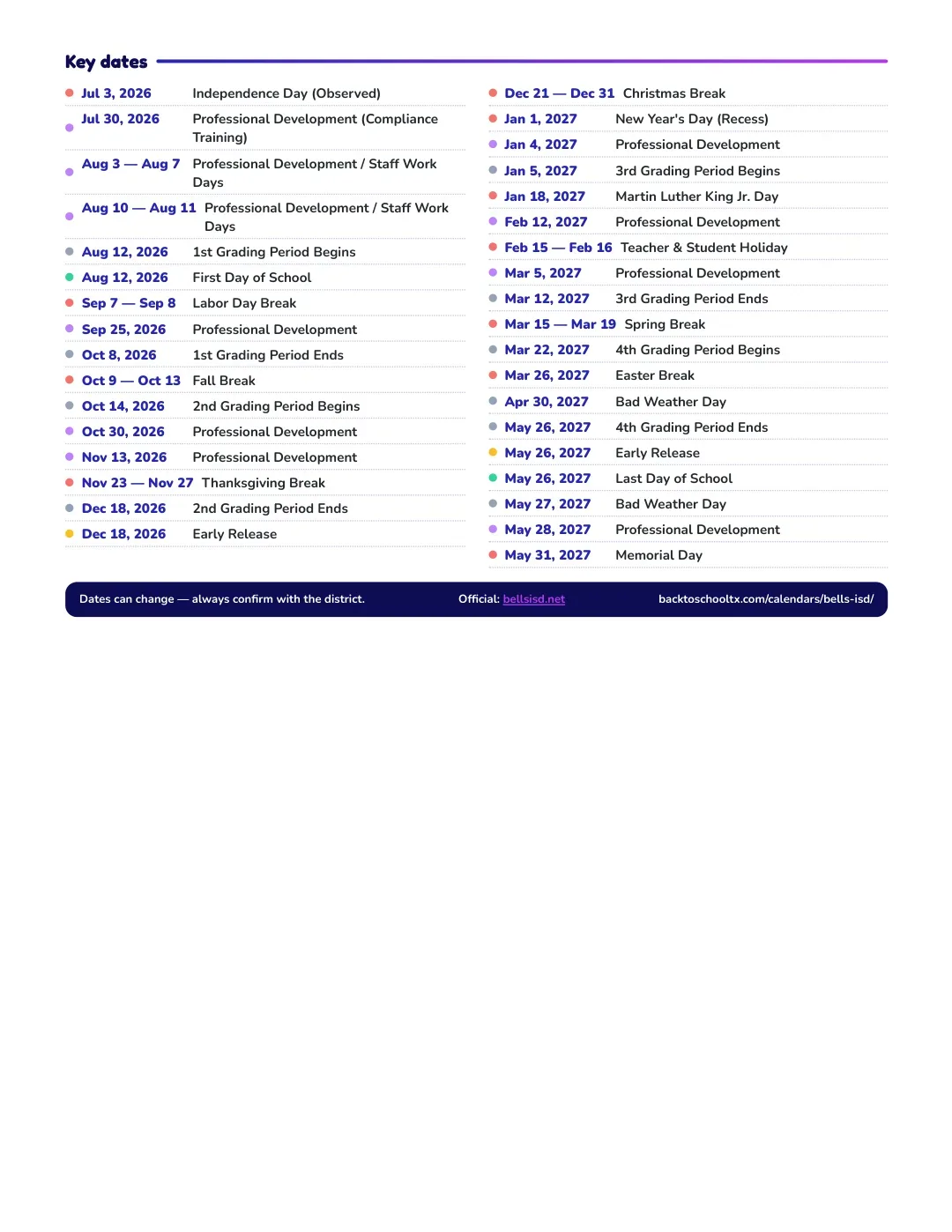 Bells ISD Calendar for the Year 26-27 — key dates