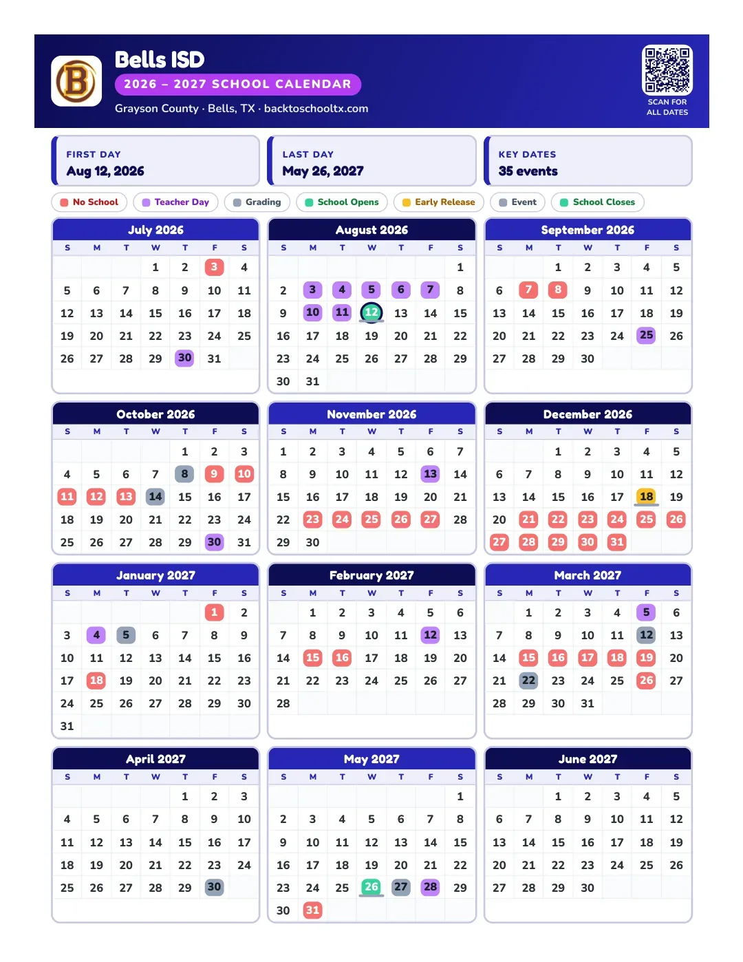 Bells ISD Calendar for the Year 26-27