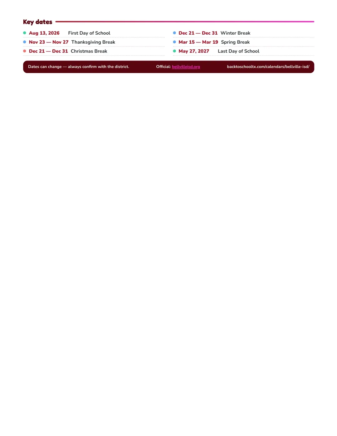 Bellville ISD Calendar for the Year 26-27 — key dates