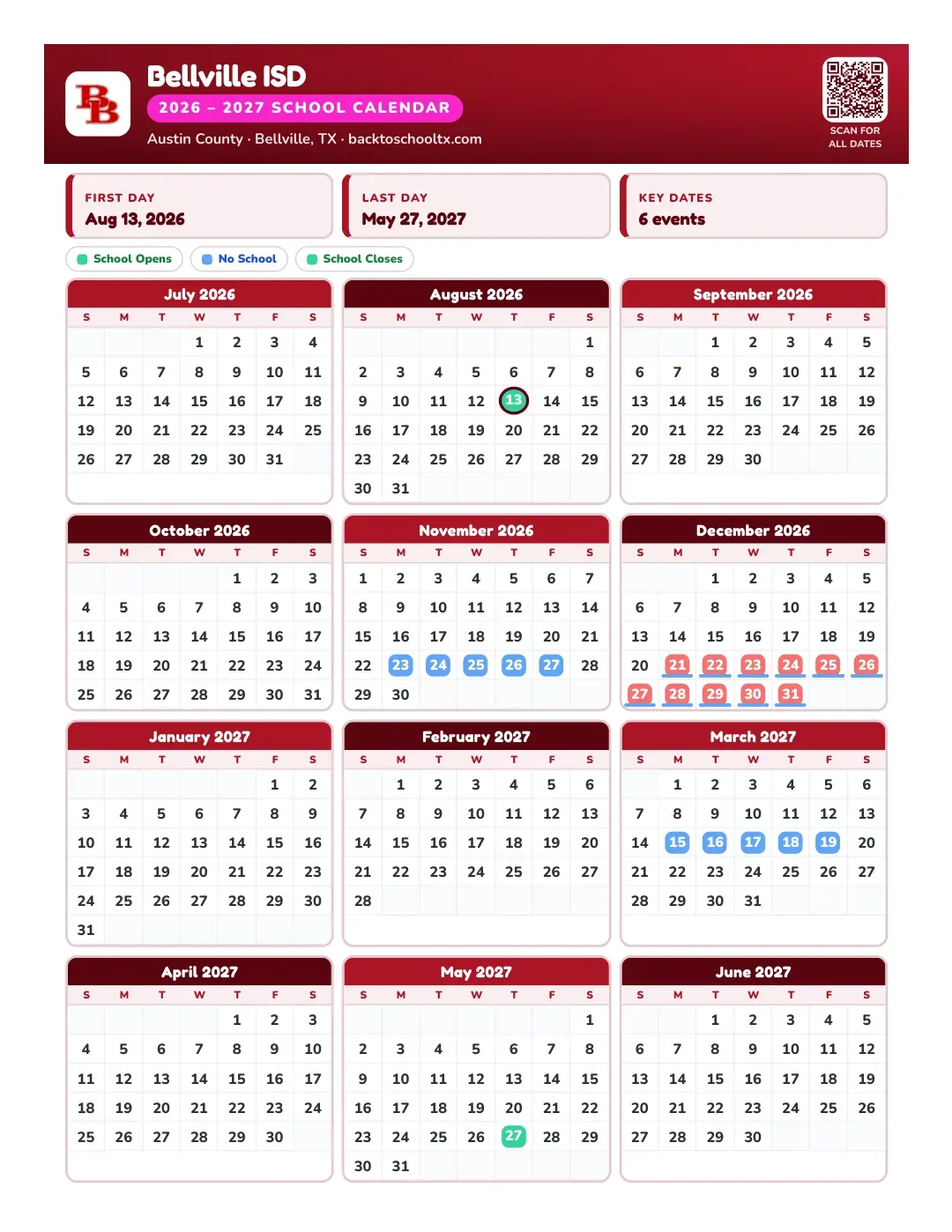 Bellville ISD Calendar for the Year 26-27