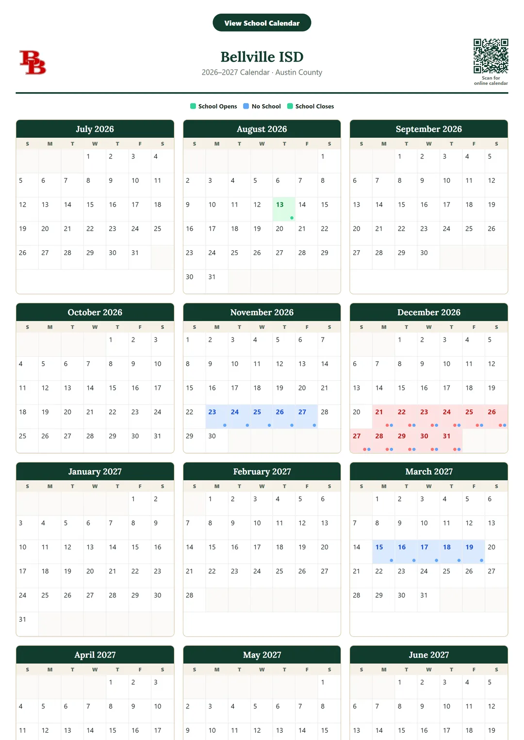 Bellville ISD printable 2026–2027 calendar