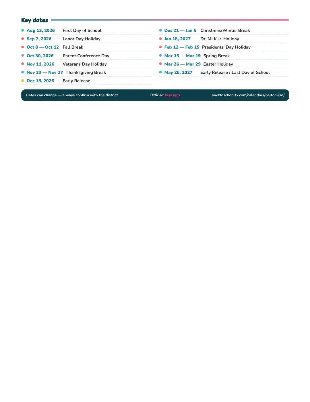 Belton ISD Calendar for the Year 26-27 — key dates