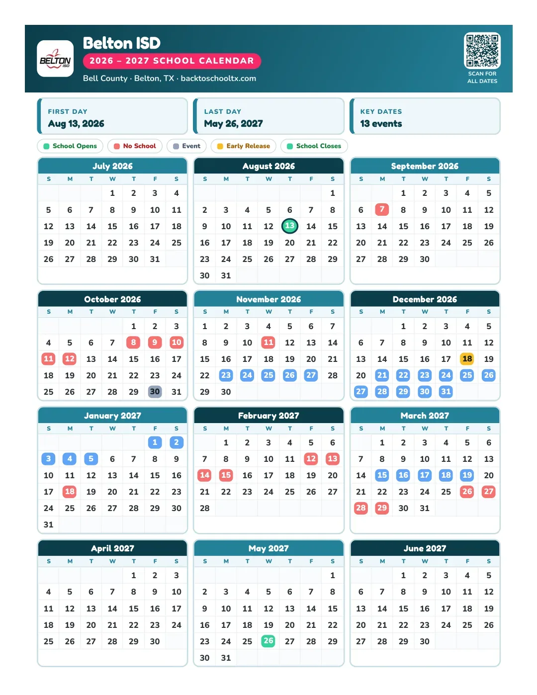 Belton ISD Calendar for the Year 26-27