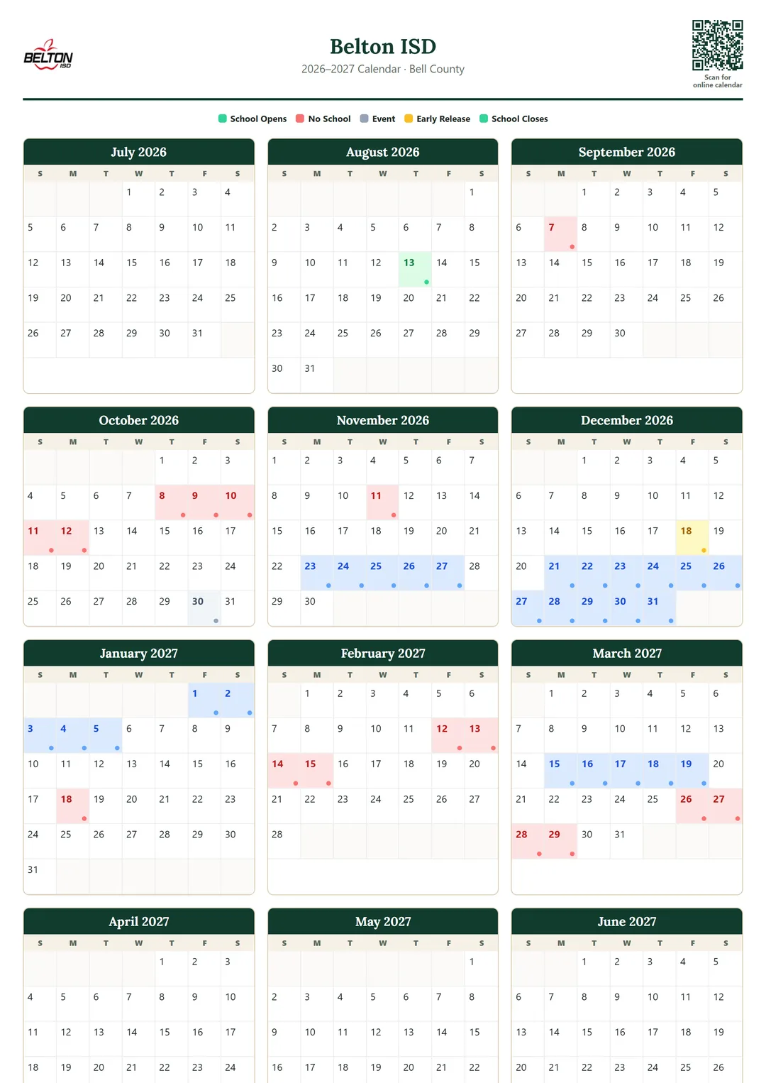 Belton ISD printable 2026–2027 calendar