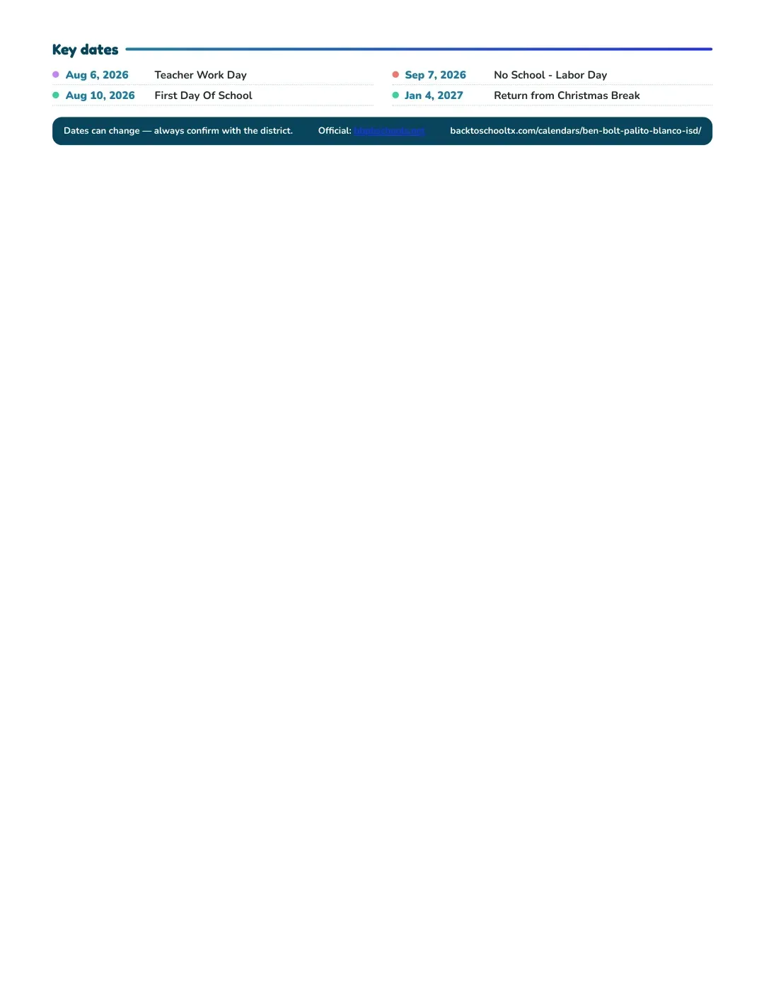 Ben Bolt-palito Blanco ISD Calendar for the Year 26-27 — key dates