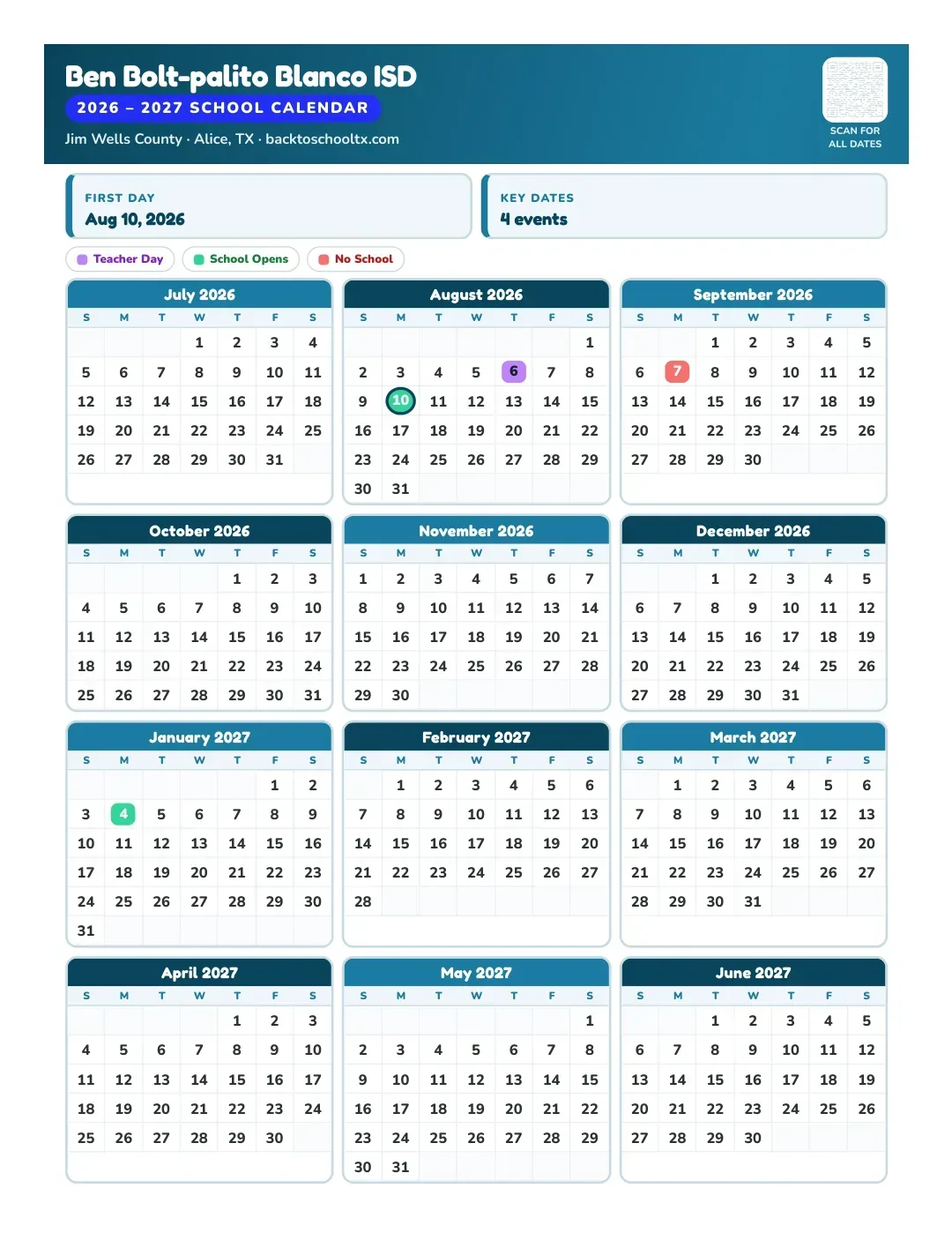 Ben Bolt-palito Blanco ISD Calendar for the Year 26-27
