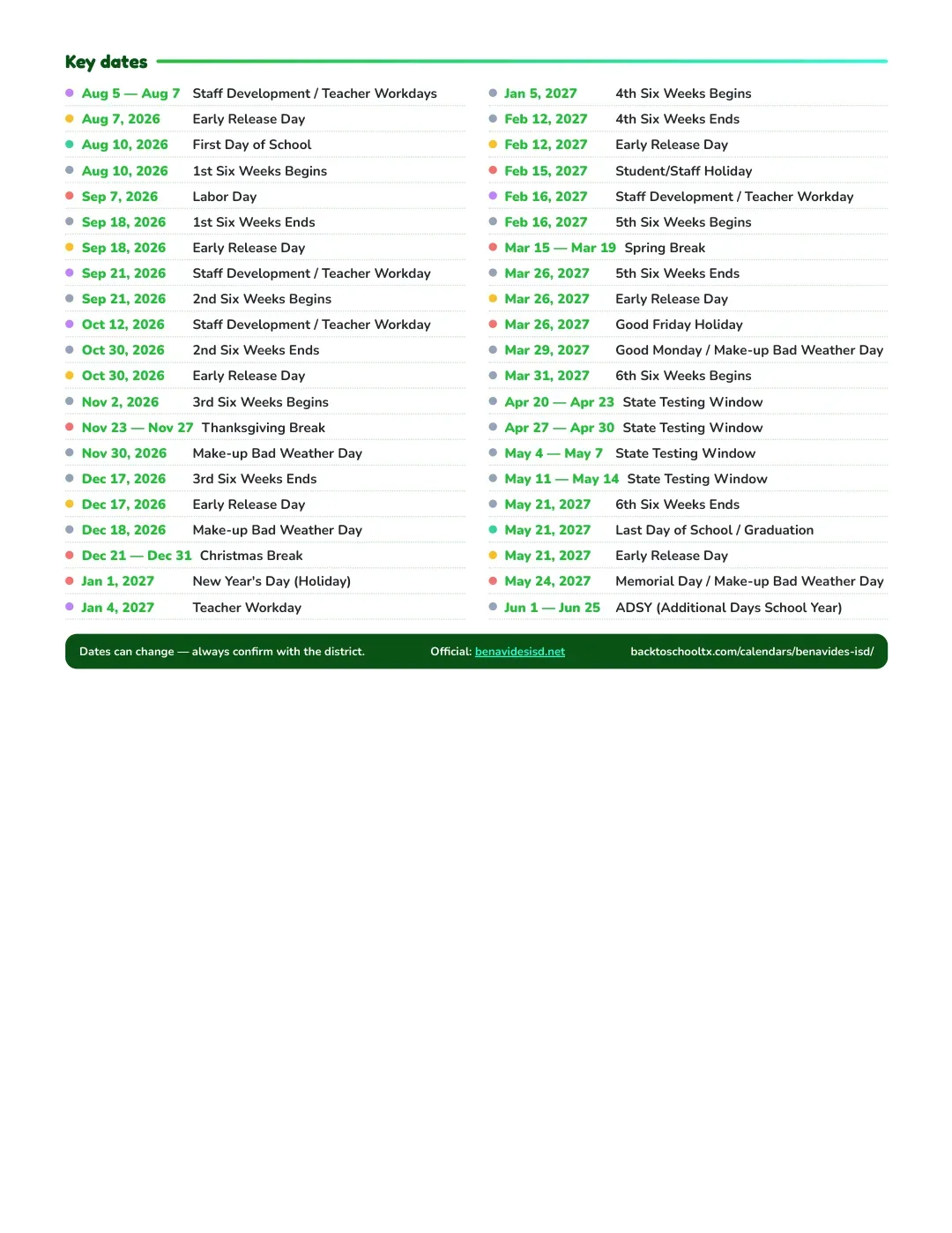 Benavides ISD Calendar for the Year 26-27 — key dates