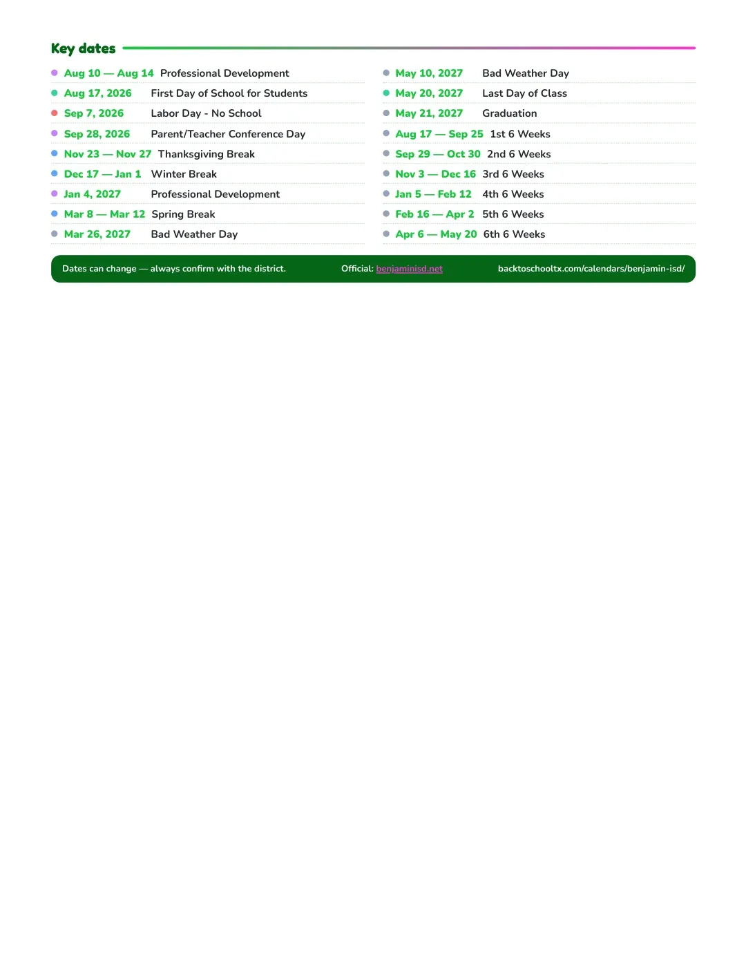 Benjamin ISD Calendar for the Year 26-27 — key dates