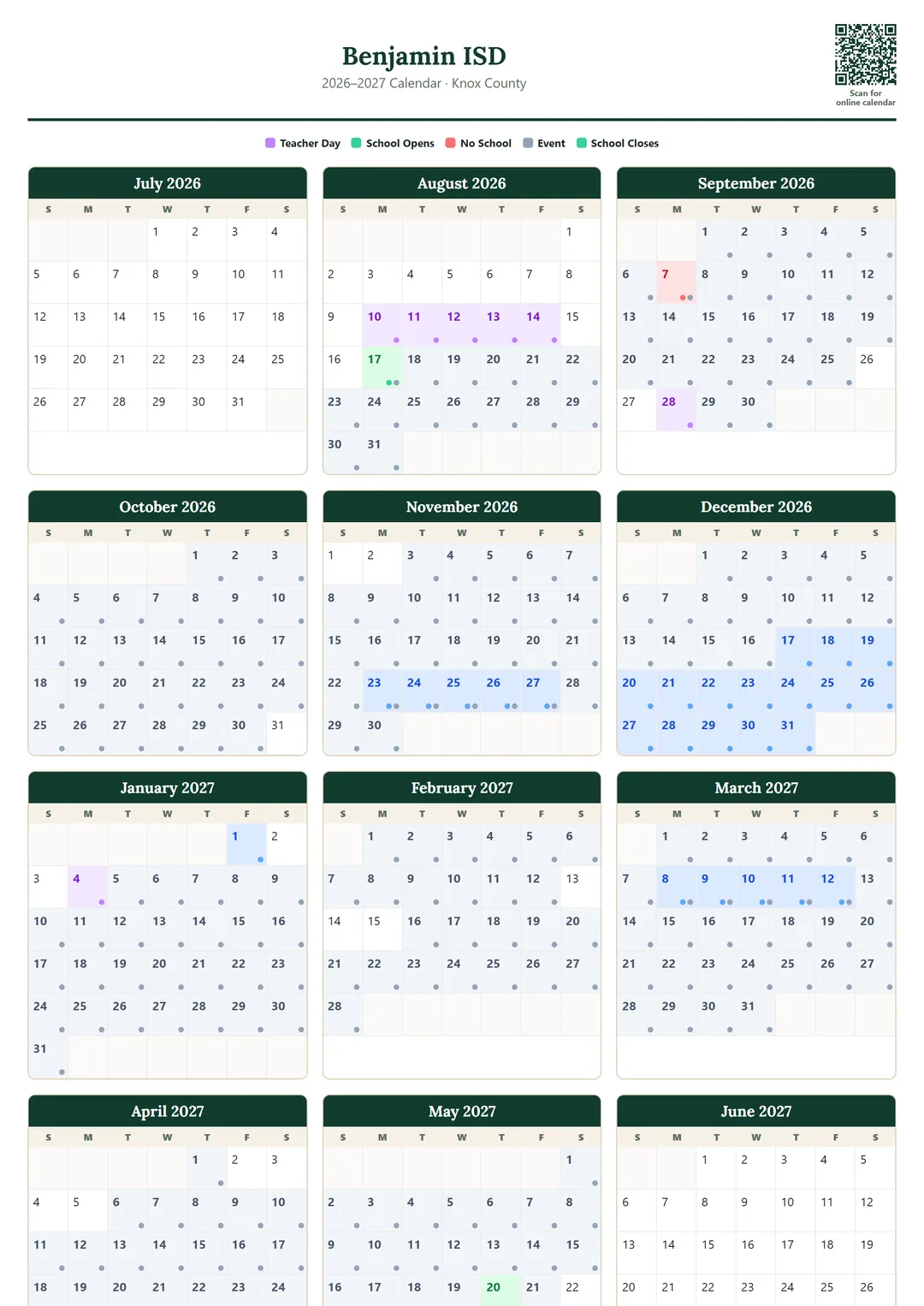 Benjamin ISD printable 2026–2027 calendar