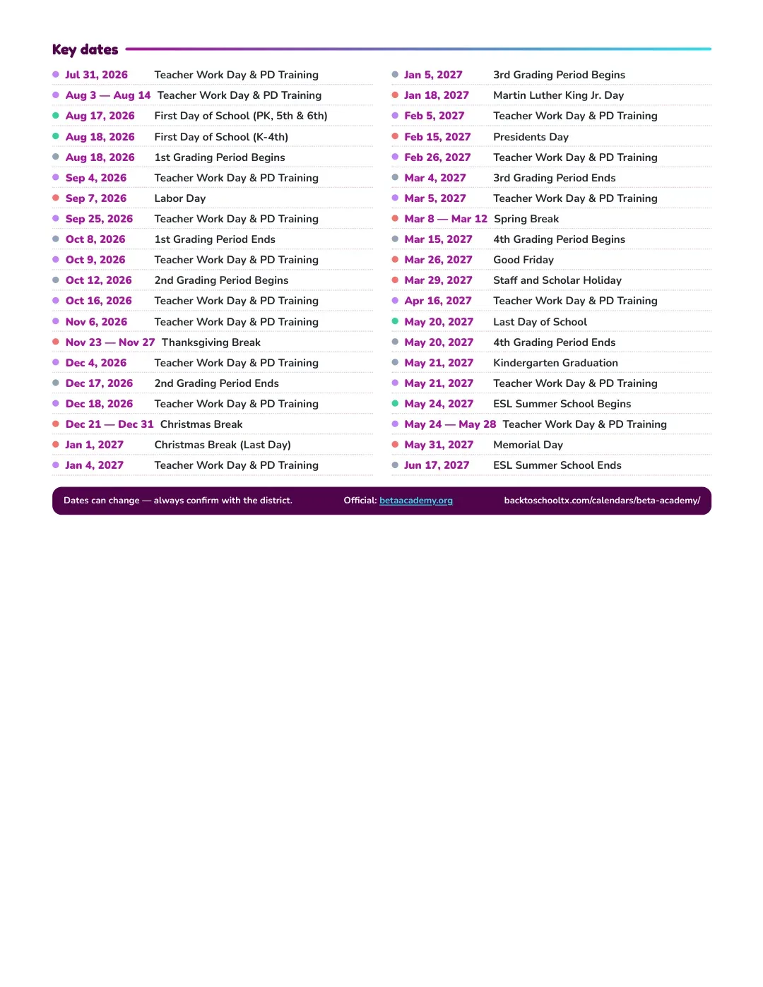 Beta Academy Calendar for the Year 26-27 — key dates