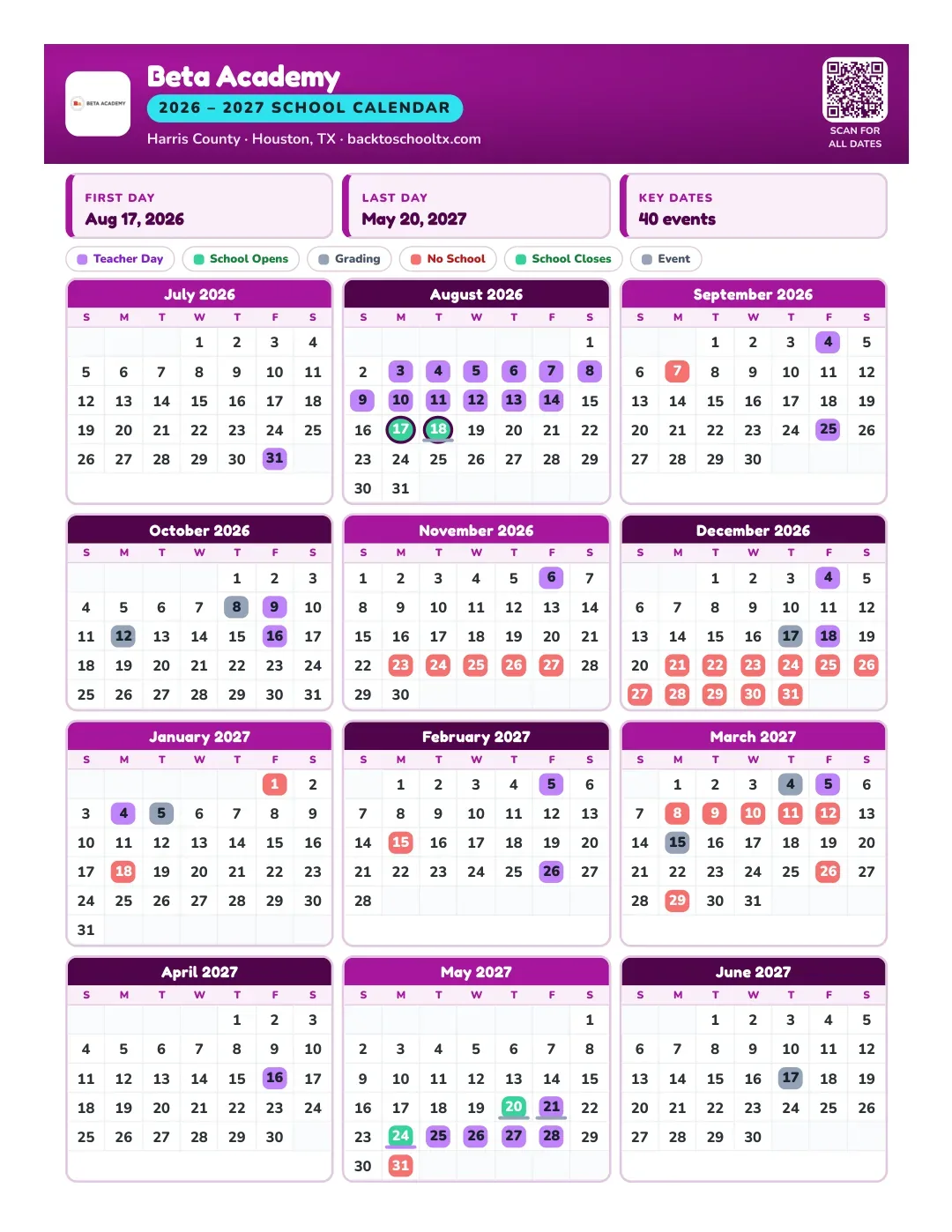 Beta Academy Calendar for the Year 26-27