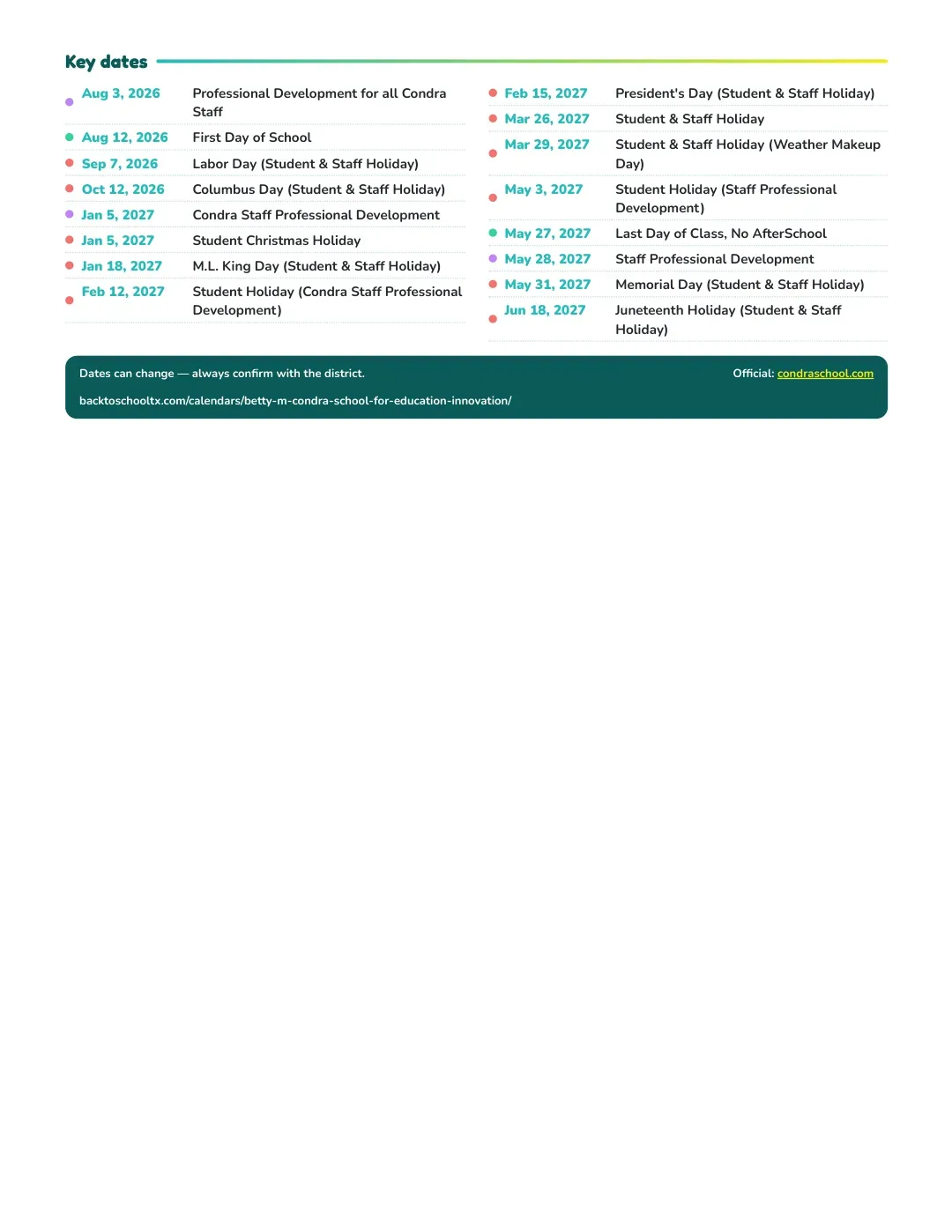 Betty M Condra School For Education Innovation Calendar for the Year 26-27 — key dates