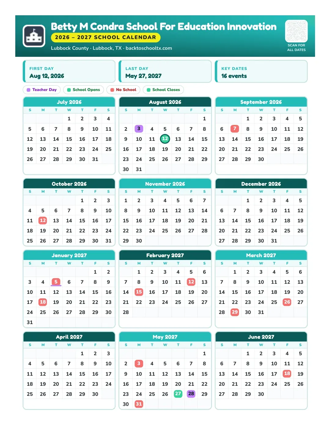 Betty M Condra School For Education Innovation Calendar for the Year 26-27