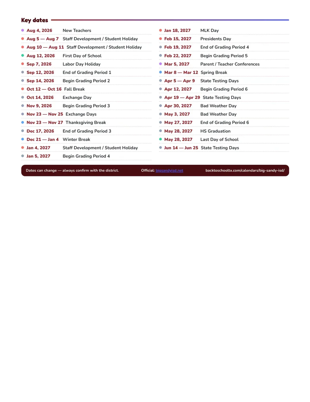 Big Sandy ISD Calendar for the Year 26-27 — key dates
