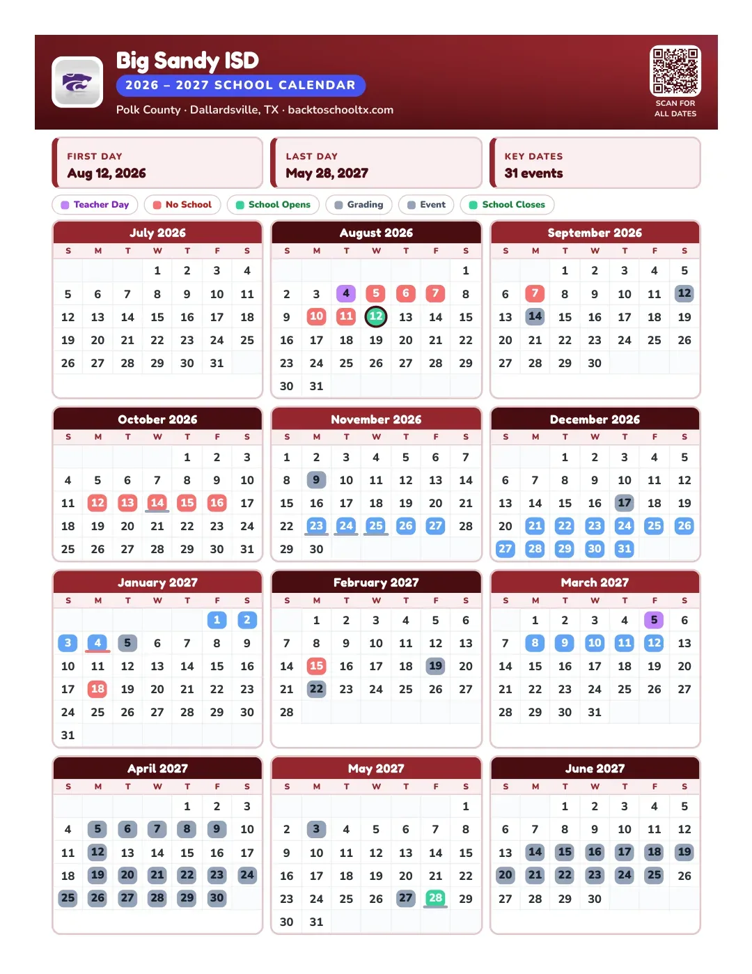 Big Sandy ISD Calendar for the Year 26-27