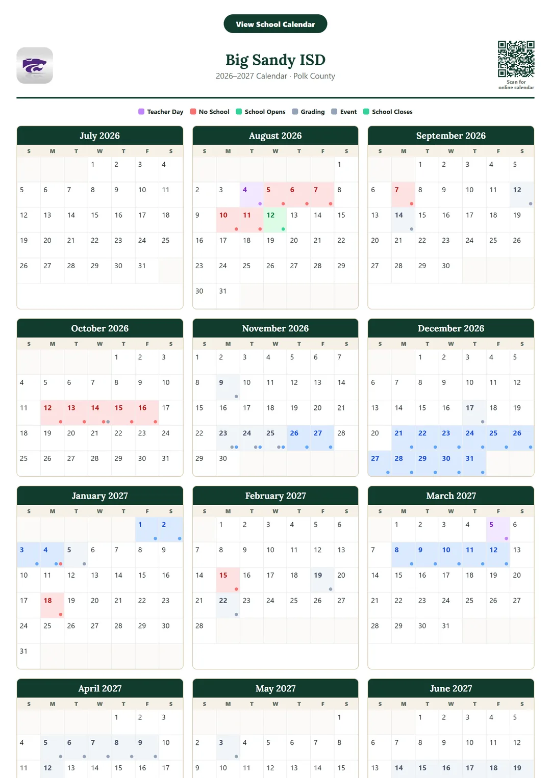 Big Sandy ISD printable 2026–2027 calendar