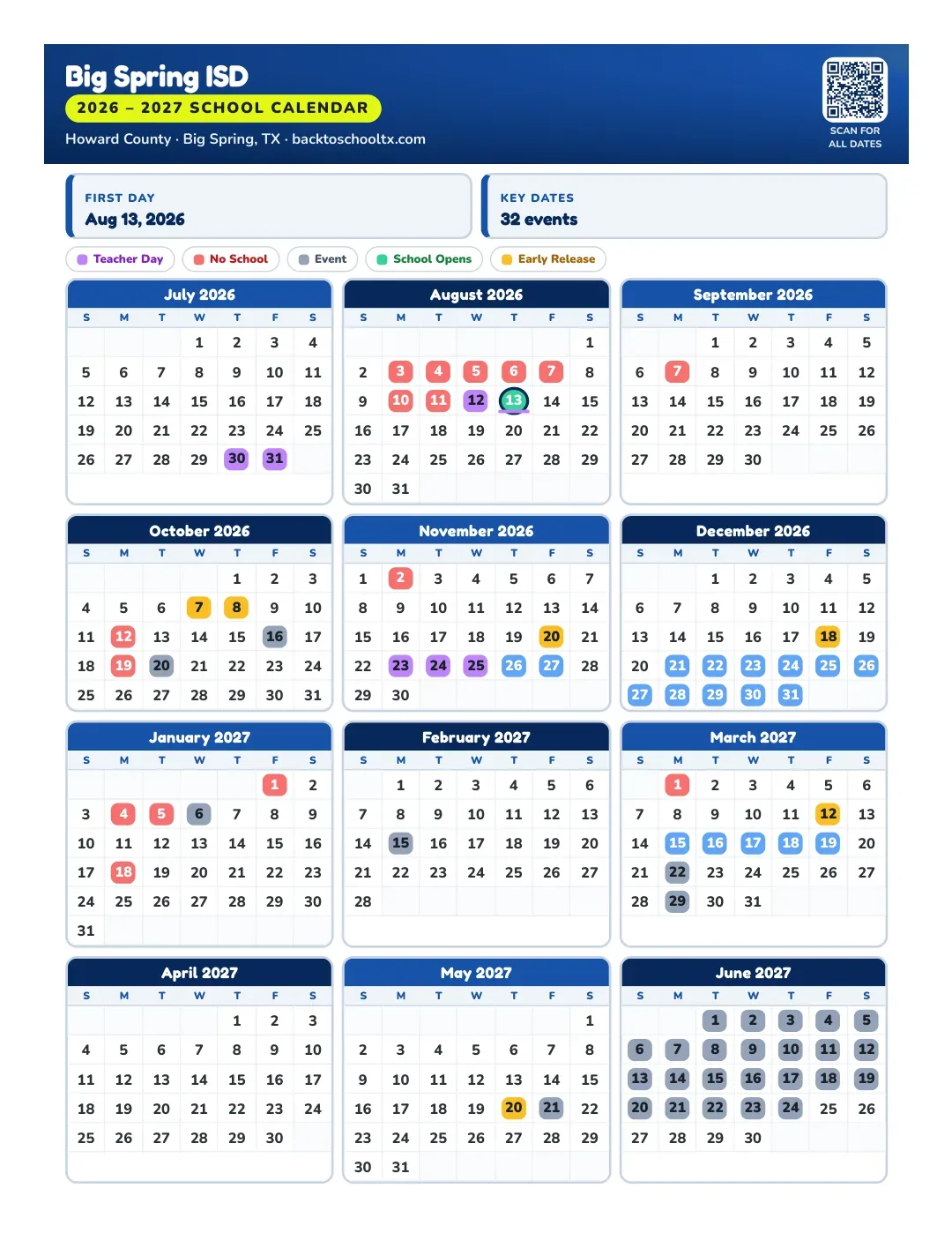 Big Spring ISD Calendar for the Year 26-27