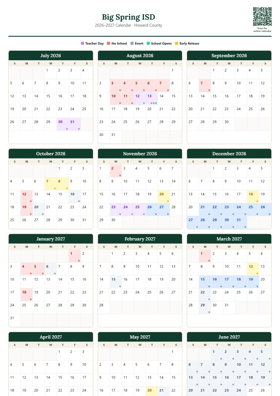 Big Spring ISD printable 2026–2027 calendar