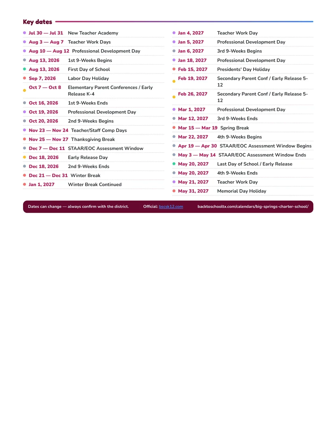 Big Springs Charter School Calendar for the Year 26-27 — key dates