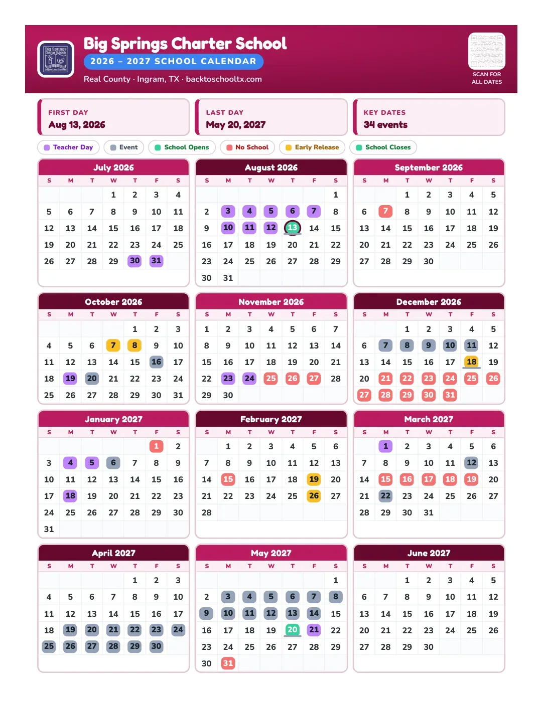 Big Springs Charter School Calendar for the Year 26-27