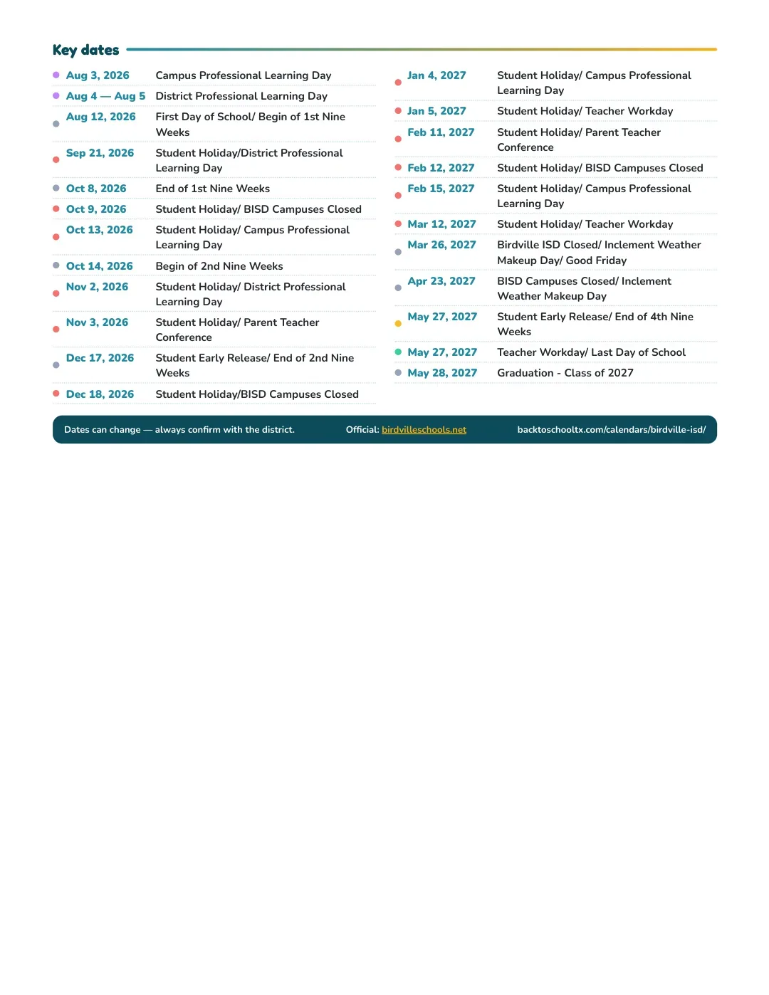 Birdville ISD Calendar for the Year 26-27 — key dates