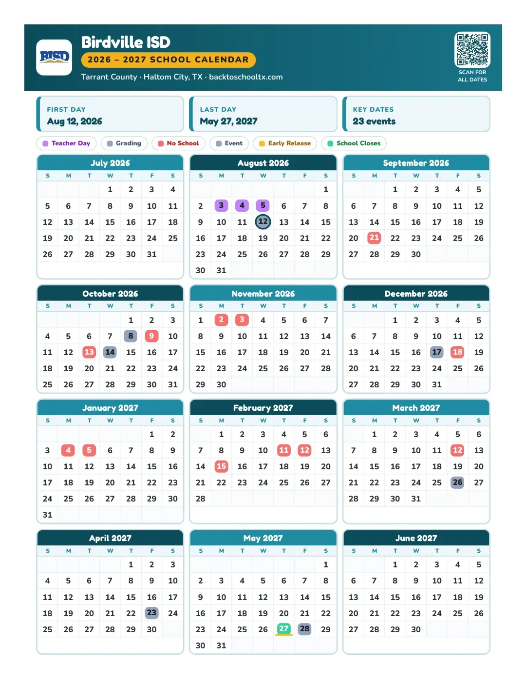 Birdville ISD Calendar for the Year 26-27